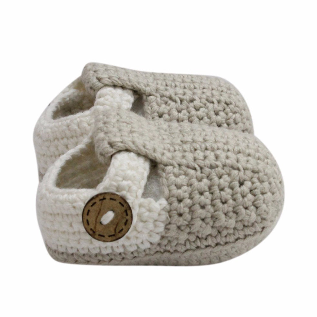 Attic textiles handmade crochet brown white t bar newborn baby boy shoes