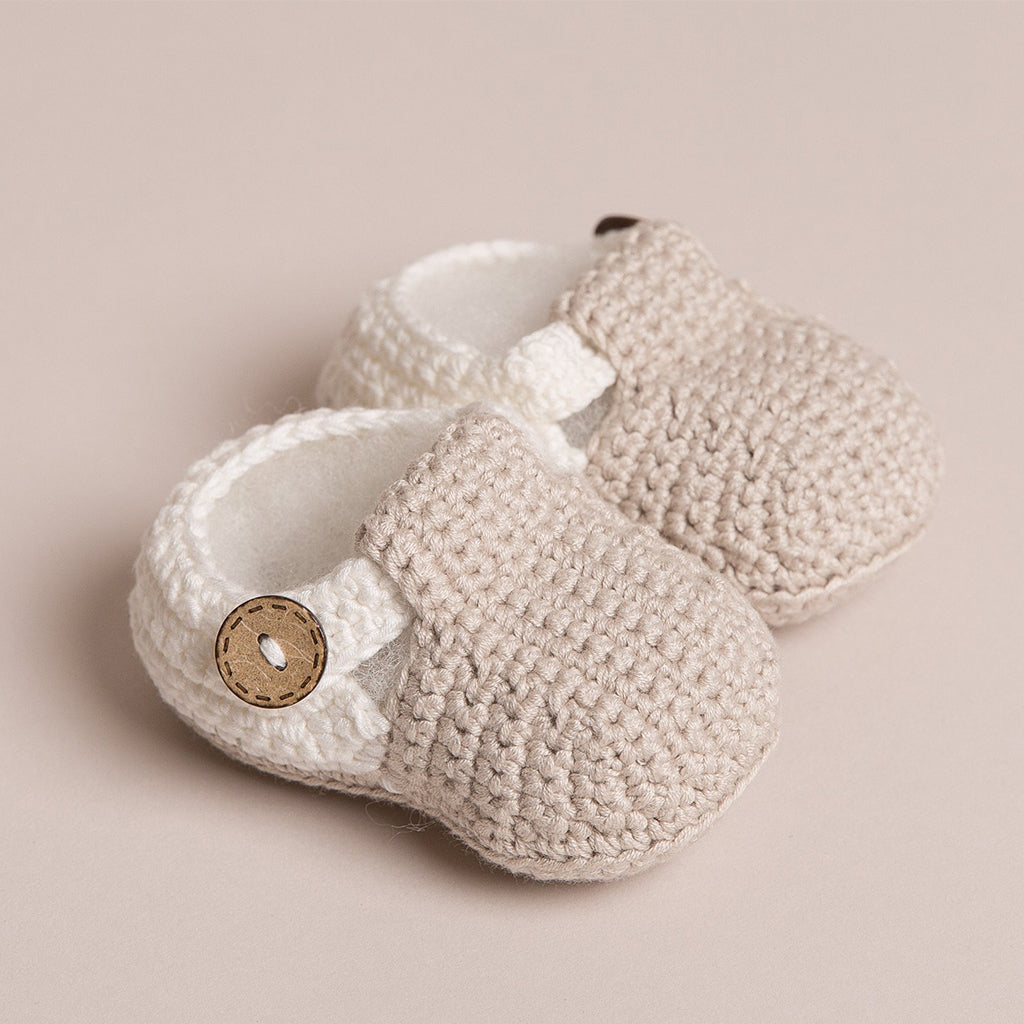 Attic textiles handmade crochet brown white t bar newborn baby boy shoes wooden button