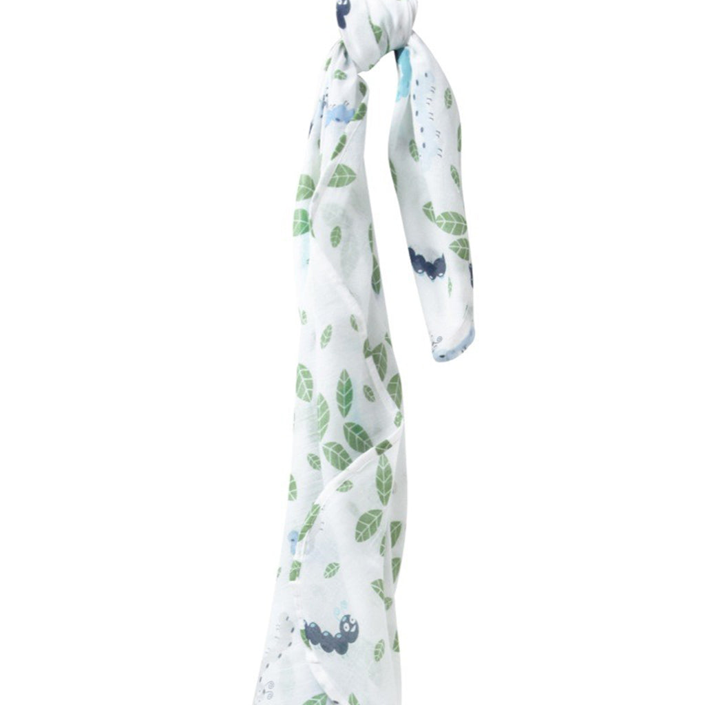 Organic piccalilly blue and green crazy caterpillar white muslin swaddle for newborn babies