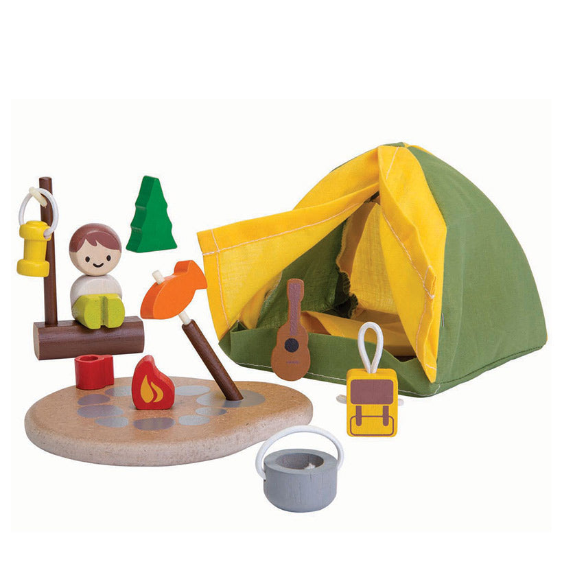 Plan Toys Eco Friendly Camping Set with yellow and green tent