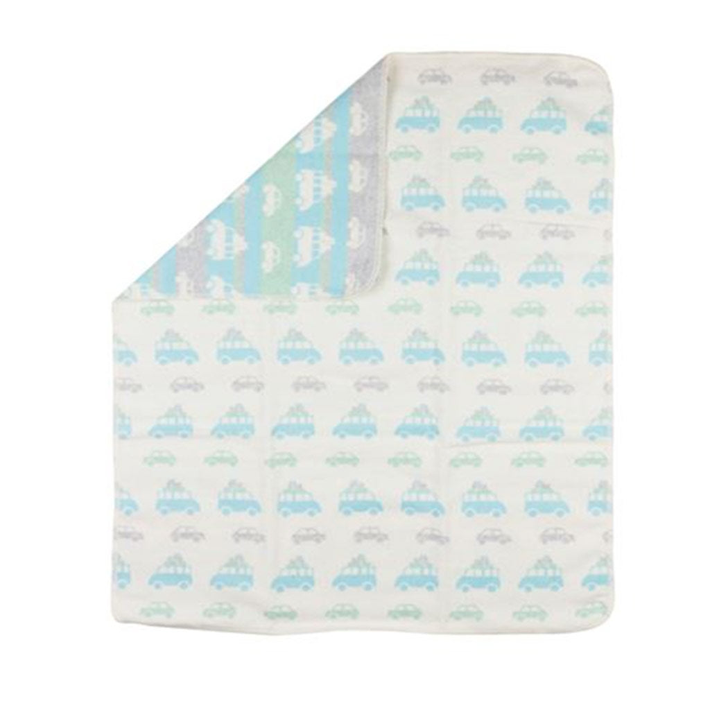 handmade David Fussenegger fuzzy soft reversible cotton flannel baby boy blanket with blue and grey cars gift