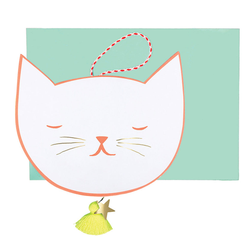 Meri Meri Cat Card with smiling White Cat in front of green card for special occasions