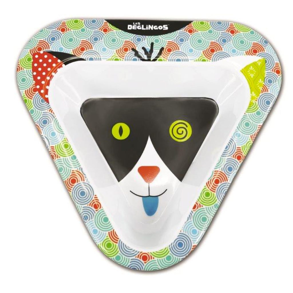 A cute melamine bowl with a colourful Deglingos cat design.