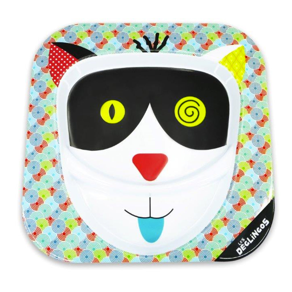 A cute melamine plate with a colourful Deglingos cat design.