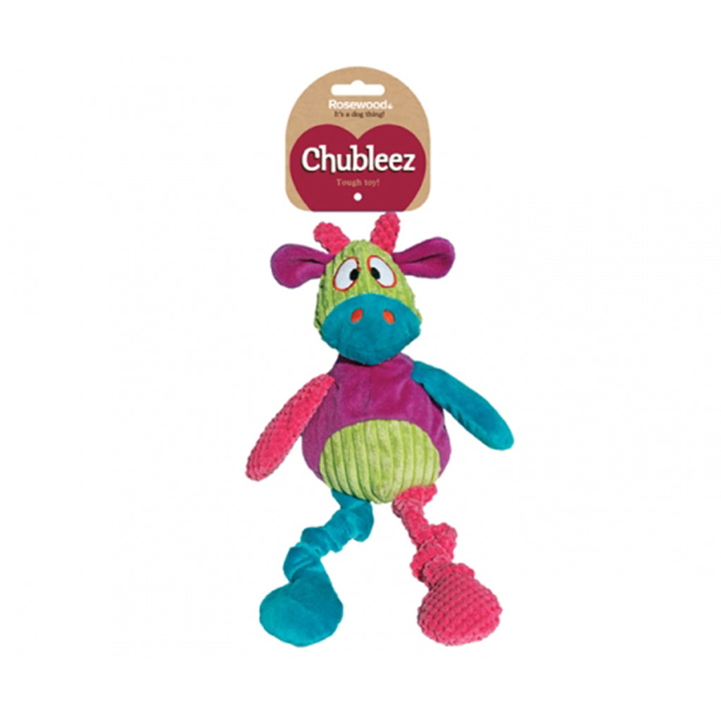 Bright and colourful purple green blue Chloe Cow Dog comfort dog toy made from quality plush materials with hidden squeaker inside for play time