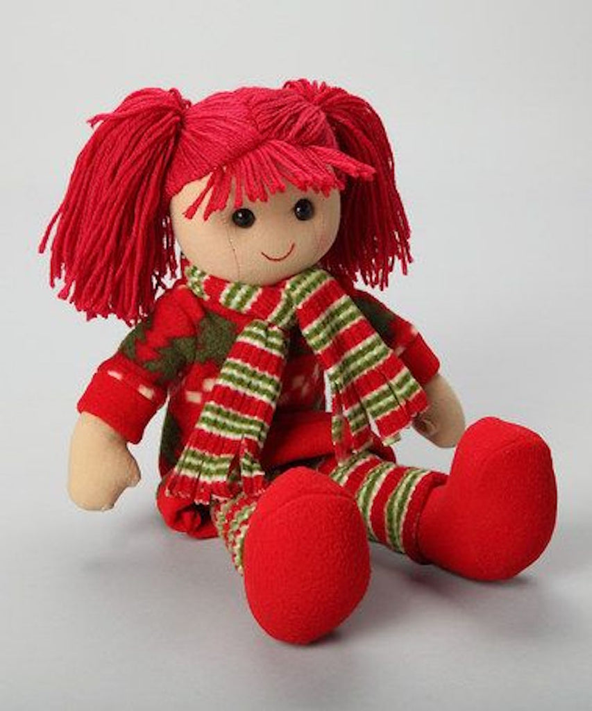 Powell Craft Rag Doll Christmas Girl with stripped scarf, red shoes, red hair and sitting down 