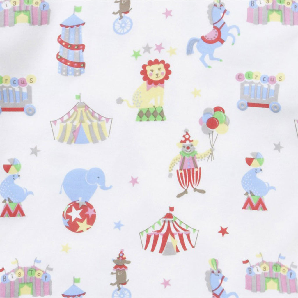 close up of the pattern for Roll up, roll up and check out this retro style circus print hat featuring clowns, lions, sealions, horses, elephants