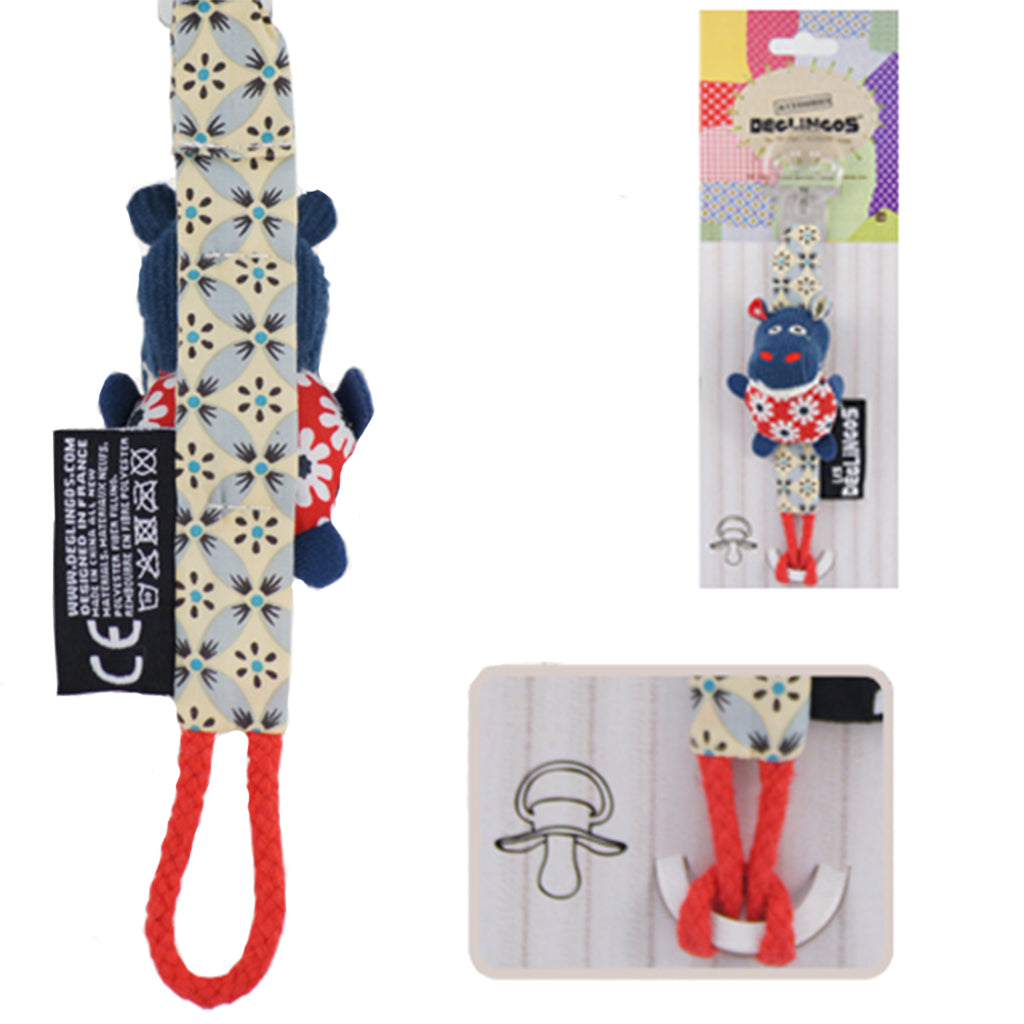 funky deglingos hippo baby dummy clip with floral pattern comes packaged on cardboard