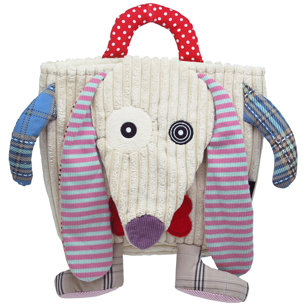 Quirky super soft thick corduroy backpack with adjustable colourful shoulder straps and carry handle with long stripy ears