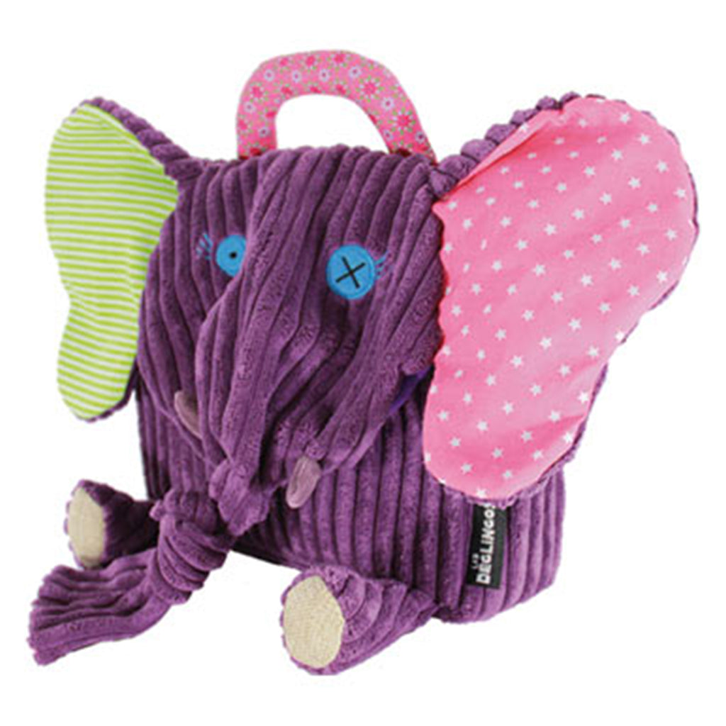 purple deglingos elephant corduroy backpack with big ears and knotted trunk adjustable pink shoulder straps and carry handle