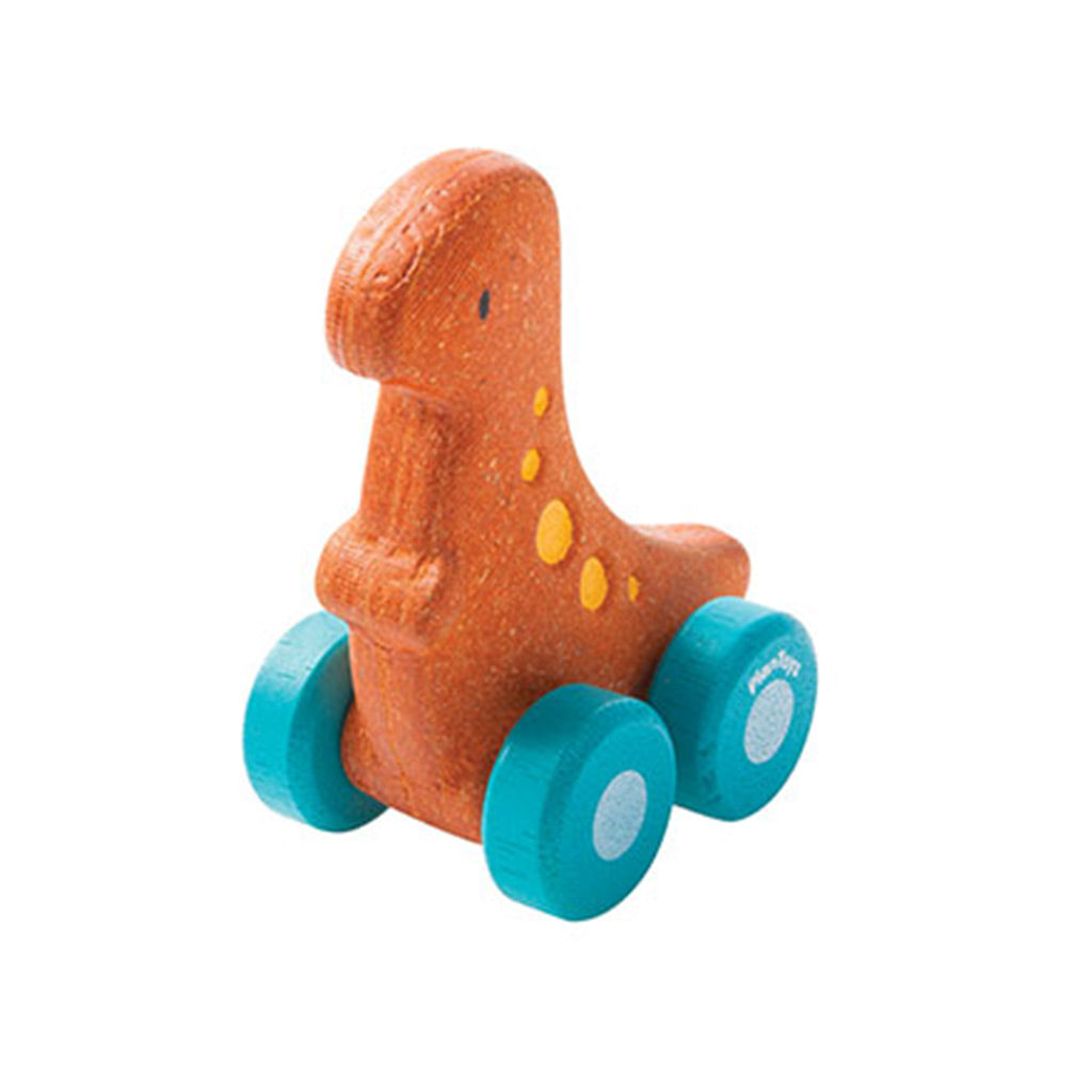 Plan Toys Dino Car Rex eco friendly toy for children. Has blue wheels and yellow spots on its body