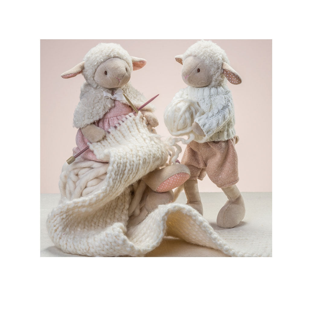 Ragtales Dylan Lamb fleecy hair soft toy dressed in hand knitted aran jumper and stripy trousers