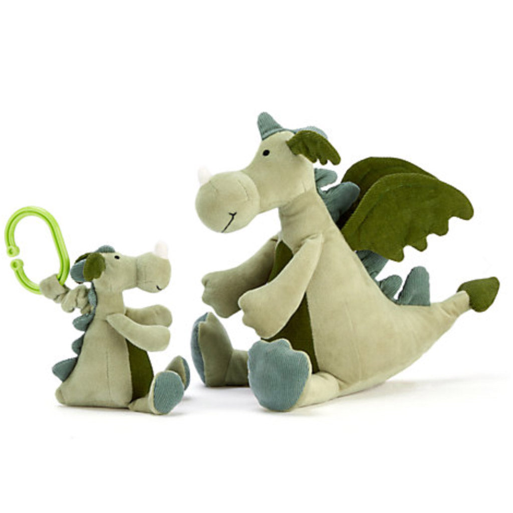 Jellycats Dylan Dragon and Jitter Dragon baby soft toys with dark green wings tummies and tails