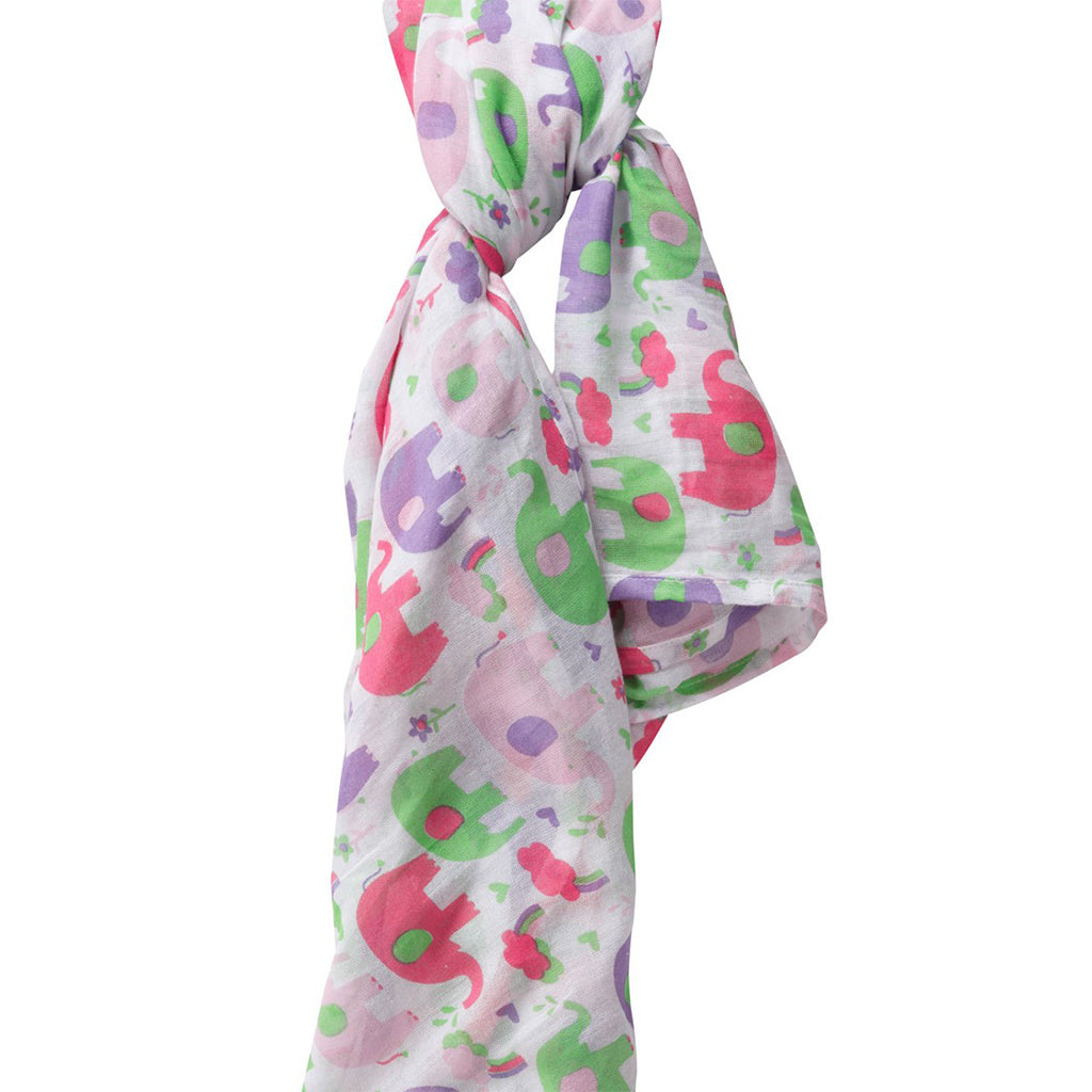 Organic piccalilly pink purple and green elephant muslin swaddle for baby girls