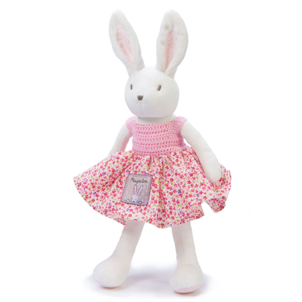 Ragtales Fifi Rabbit soft cuddly toy dressed in pink flowery dress and hand crocheted top