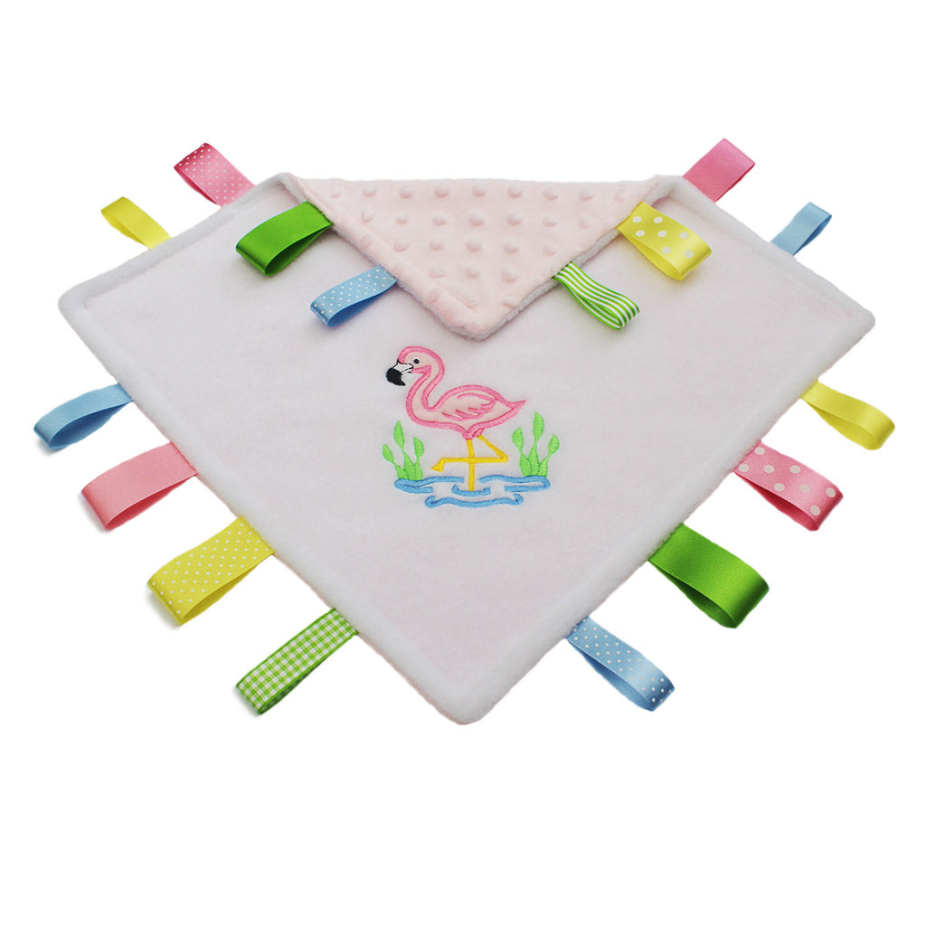 Beautiful baby taggy blanket with appliquéd pink flamingo silky satin ribbon tags in pretty colours