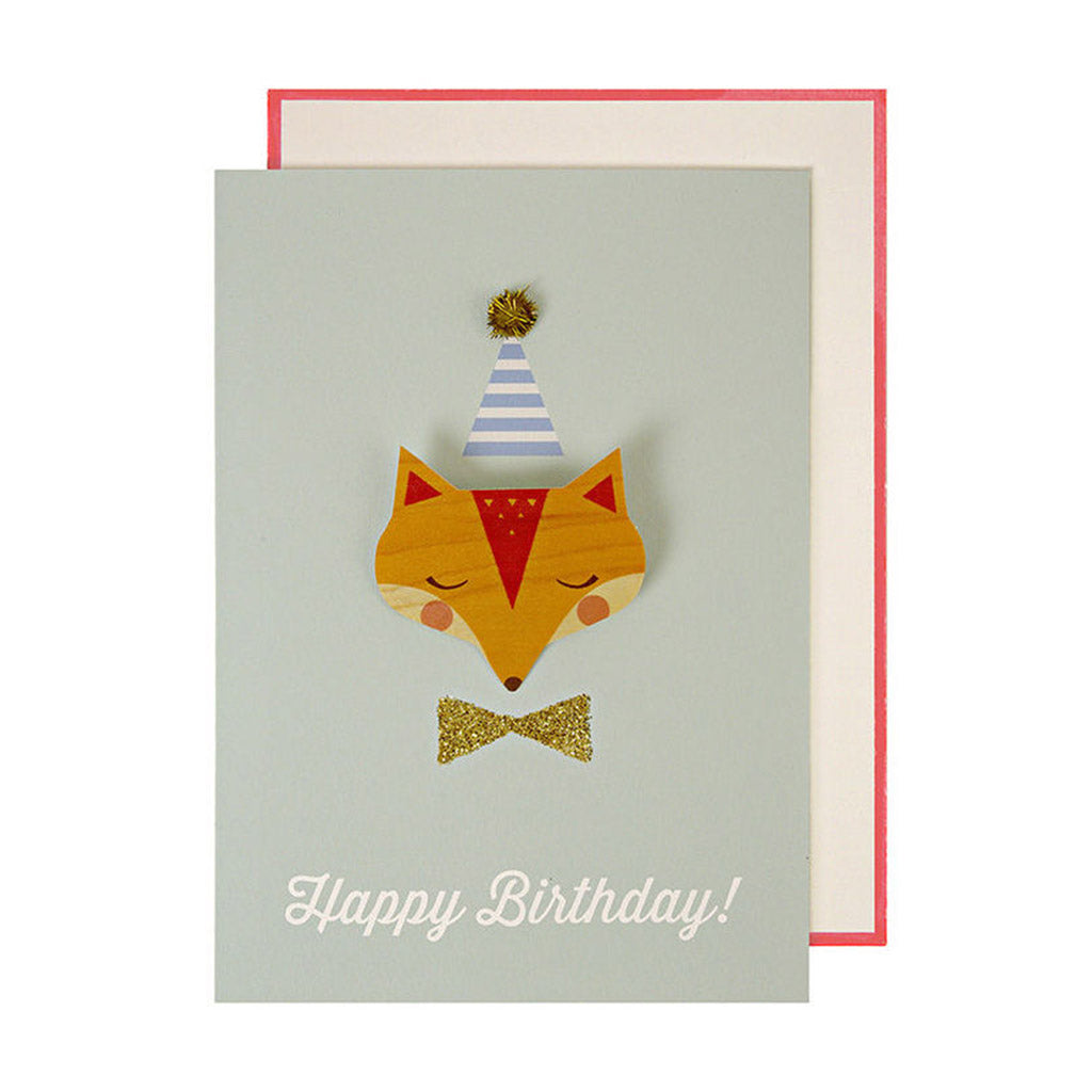 Meri Meri card with wooden badge fox with glittery bow tie and pompom hat perfect boy birthday card