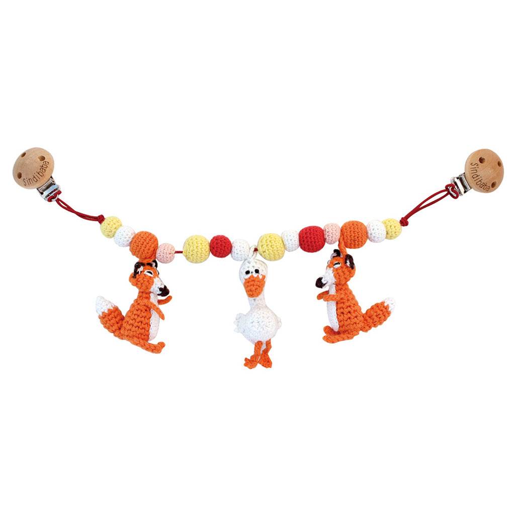 orange and white  sindibaba handmade crochet fox and goose pram toy chain with wooden clips