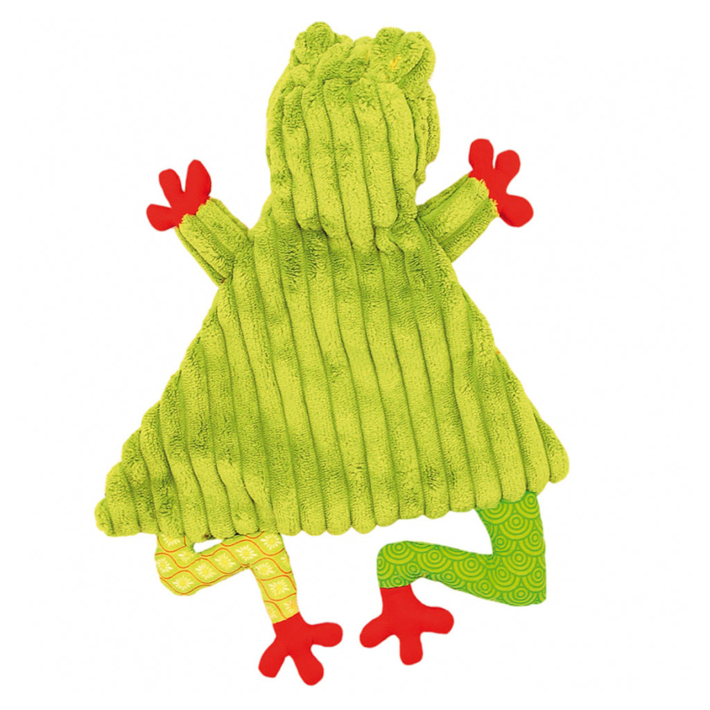 Rear View of a Deglingos baby frog bright green corduroy comforter with red feet and yellow eyes