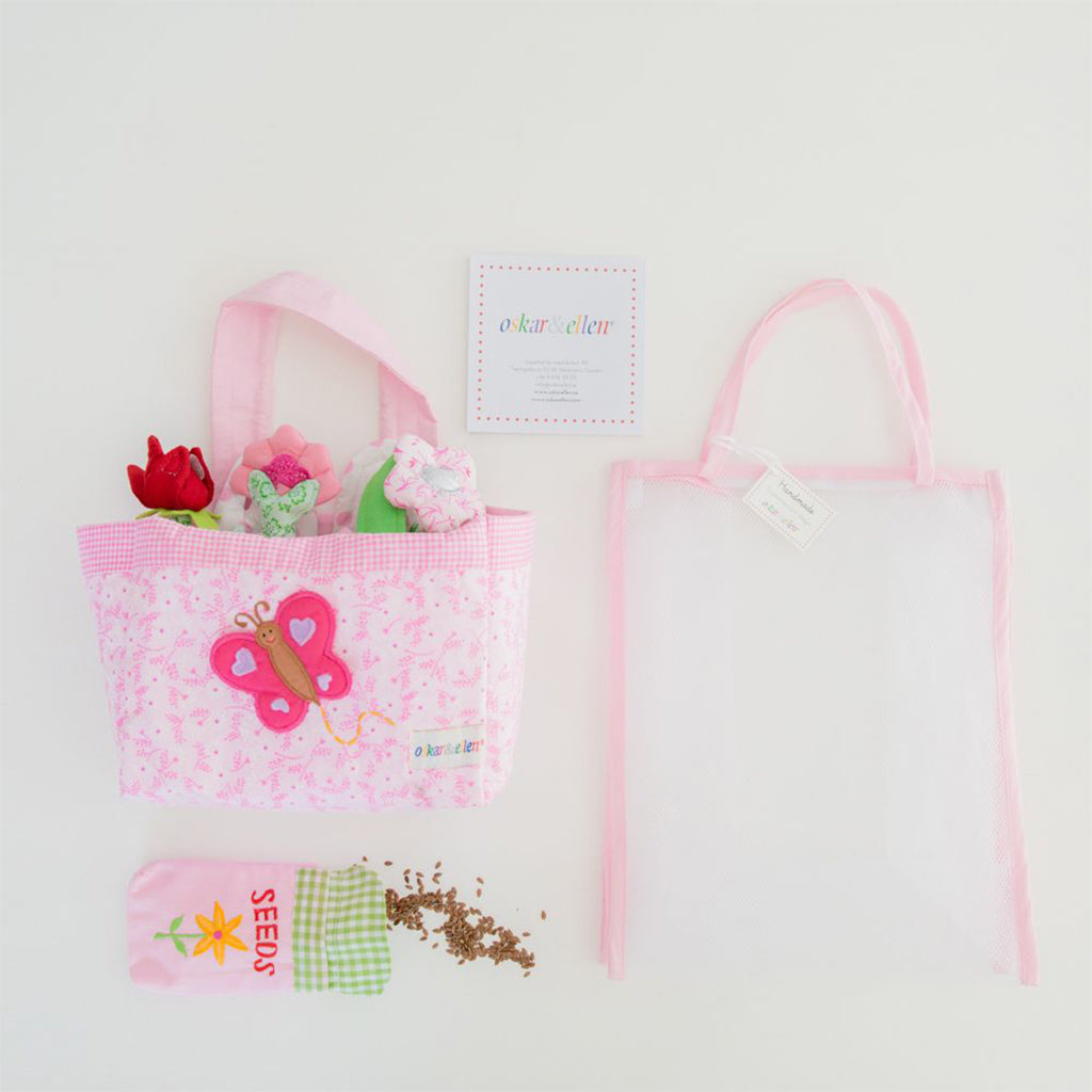 oskar and ellen childrens fabric gardening set toy pink basket net bag seeds