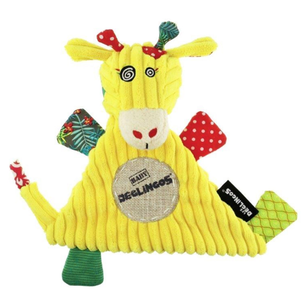 Deglingos baby giraffe bright yellow corduroy comforter with red and green spotty tags