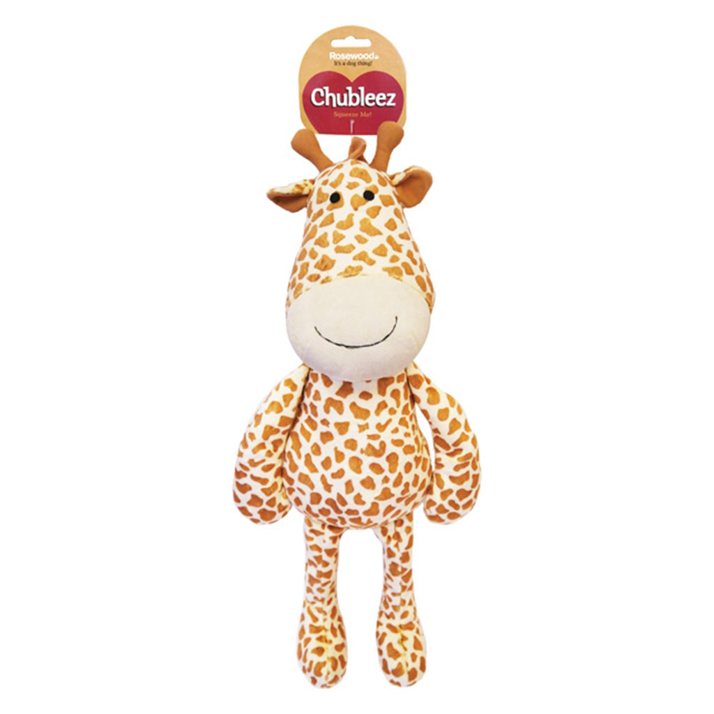 Rosewood Chubleez Gerry Giraffe Dog Toy is a fun large maxi plush dog toy with squeaker inside with tag overhead