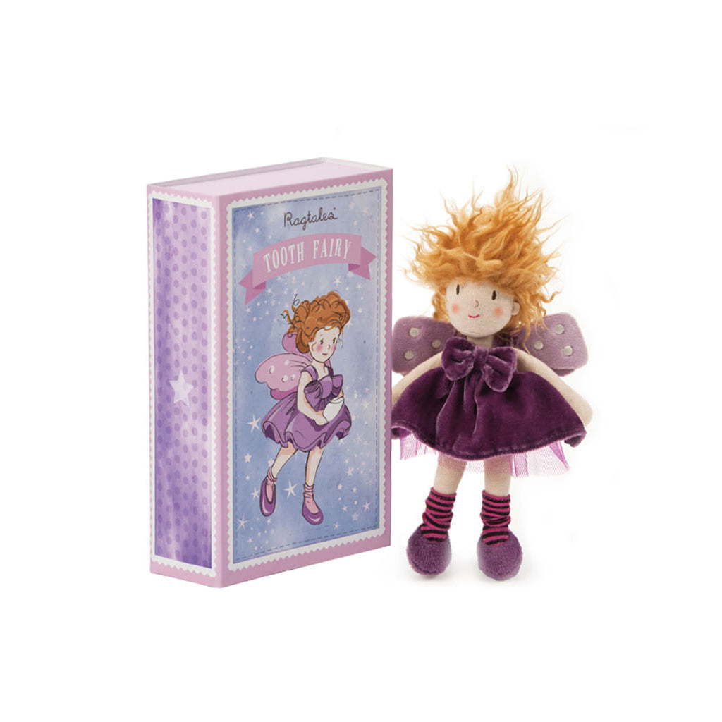 Standing next to her box spikey hair Ragtales girl tooth fairy doll wearing backpack for lost tooth and coins and comes with fairy gift box