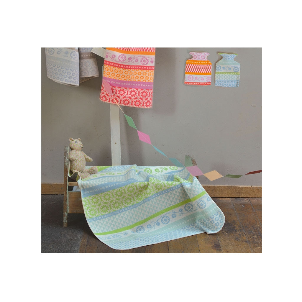 David Fussenegger snuggly handmade baby nursery blanket in green and blue with blanket stitched hem