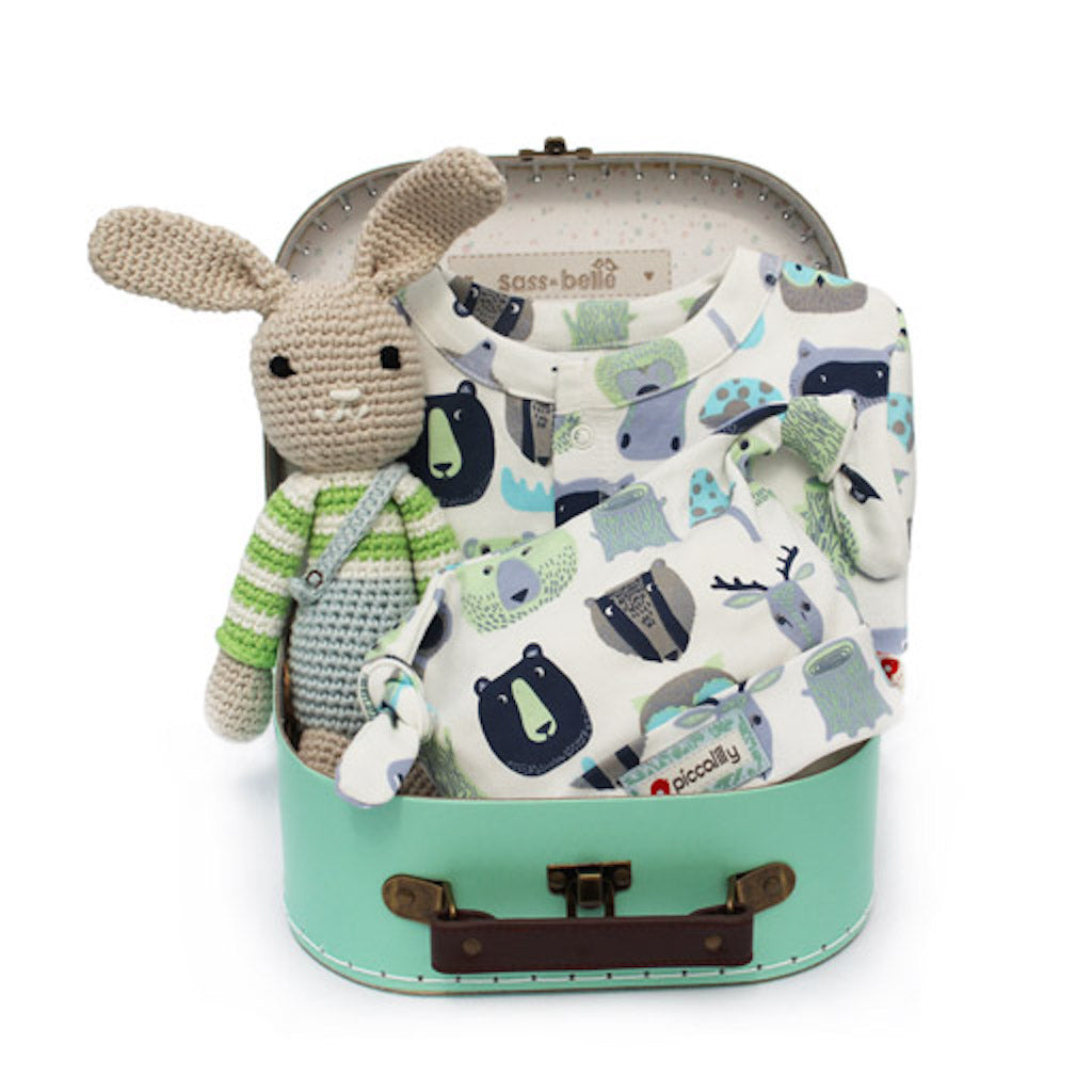suitcase gift case Piccalilly woodland animal sleepsuit and hat with crocheted bunny rabbit childrens baby toy