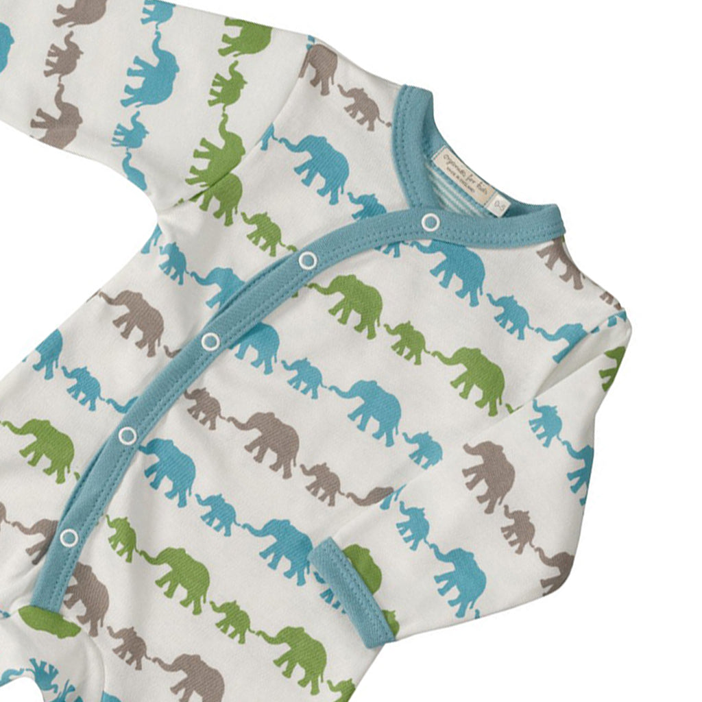 close up of a superb quality Elephant romper from Pigeon Organics: