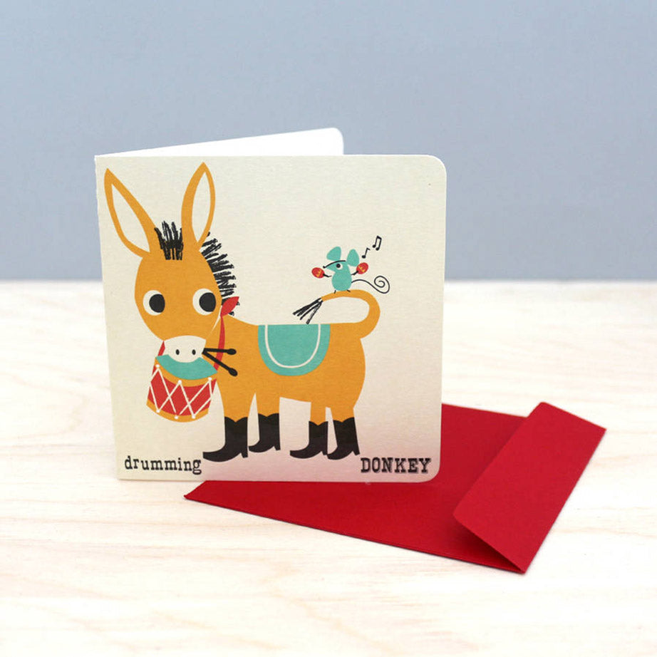 Noodoll retro style Donkey Gift Card with happy yellow donkey and blue saddle for birthday baby