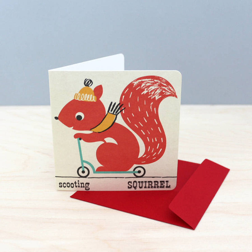 Noodoll vintage inspired Squirrel Greeting Card with a red squirrel on a scooter