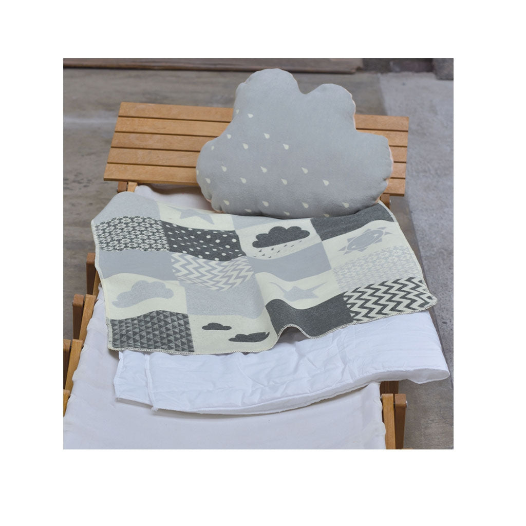 David Fussenegger snuggly handmade austrian baby nursery blanket with grey clouds and patches