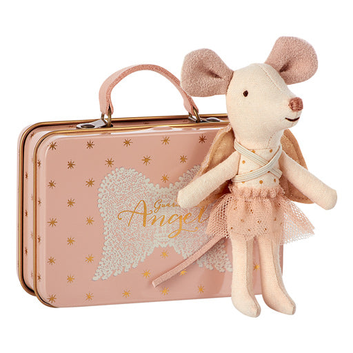 Maileg Guardian Angel Mouse standing by pink suitcase an enchanting soft toy gift for girls birthday