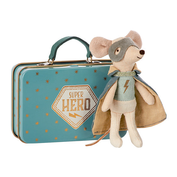 Maileg Guardian Hero Mouse standing by a Turquoise Suitcase a superb gift for Christmas Birthday