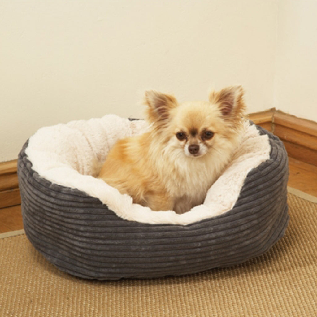 soft cosy padded grey cord plush oval sleeper dog pet bed with a soft luxury plush cream inner