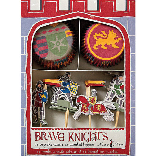 Meri Meri brave knight cupcake decorations with two party styles of cases and 4 styles of toppers