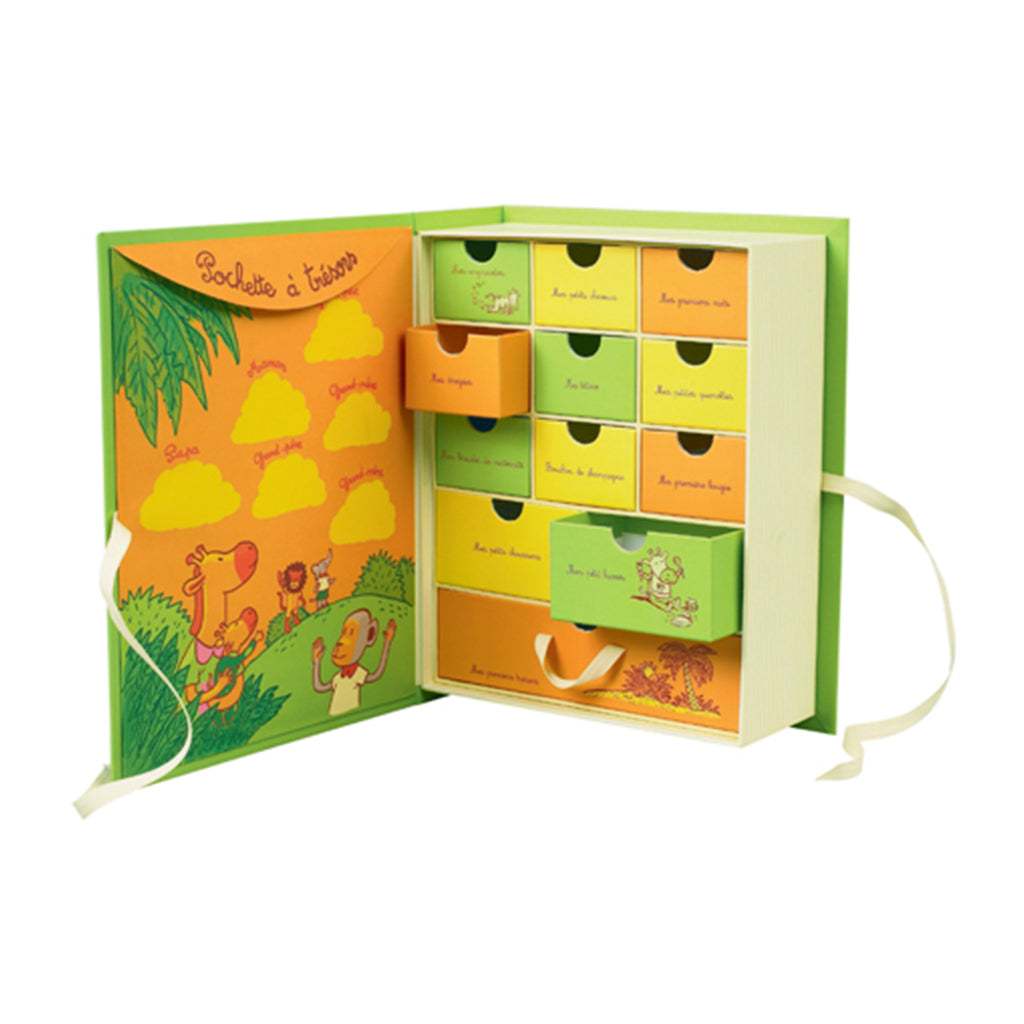 Moulin Roty lion jungle safari baby keepsake box with thirteen small draws in orange yellow and green