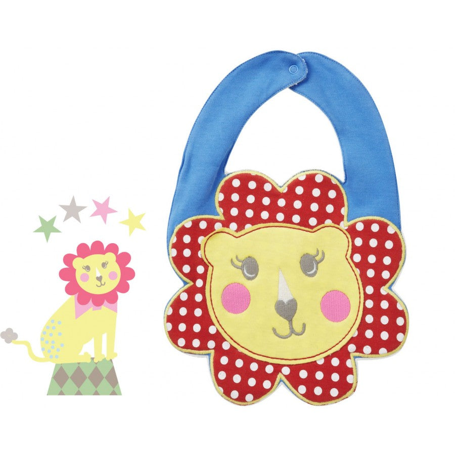 piccalilly organic lion bib with terry towelling lion face spotty red mane