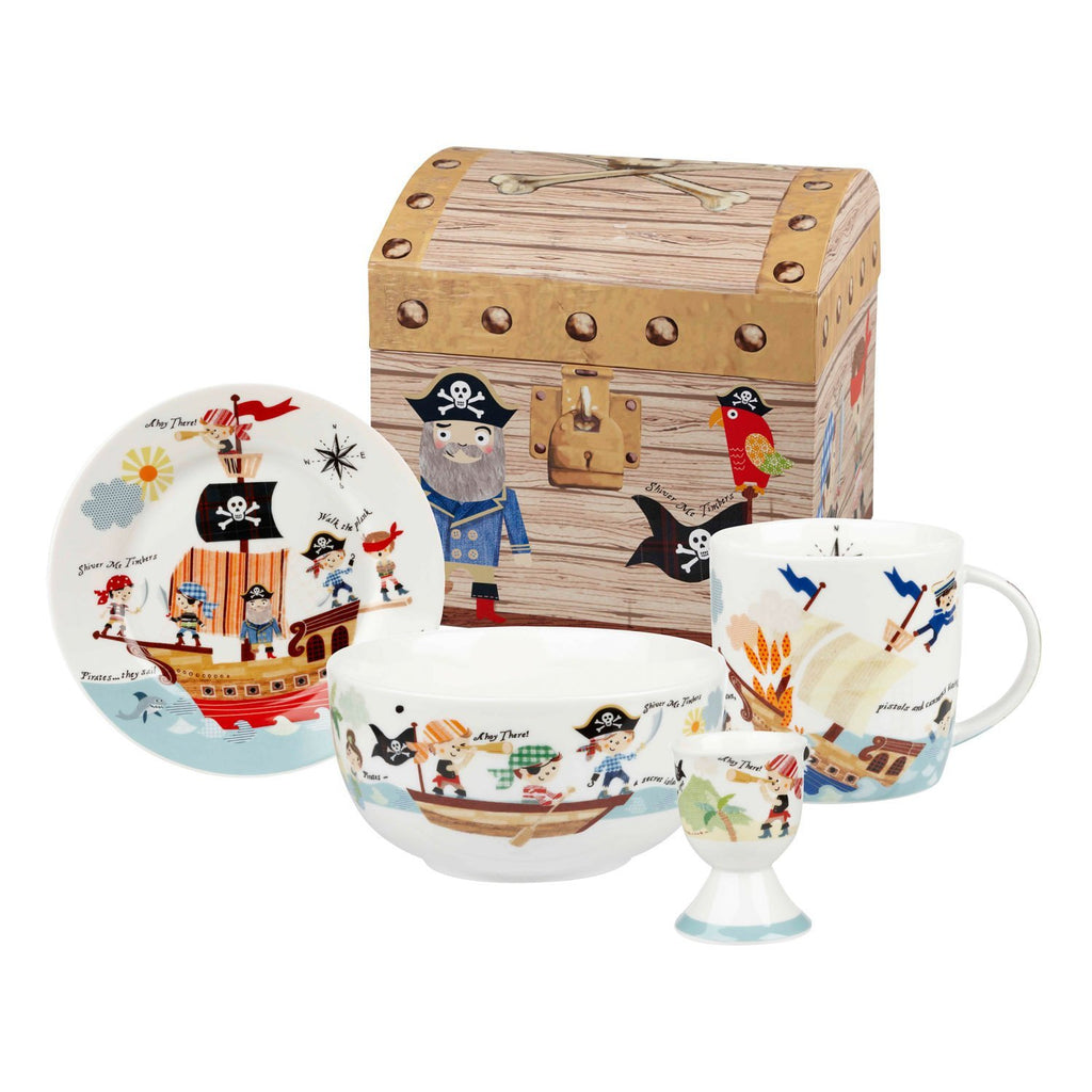 Little Rhymes Fine China Pirates Collection. This 4 Piece Breakfast Set consists of a Bowl, Plate, Mug and an Egg Cup with beautiful gift box