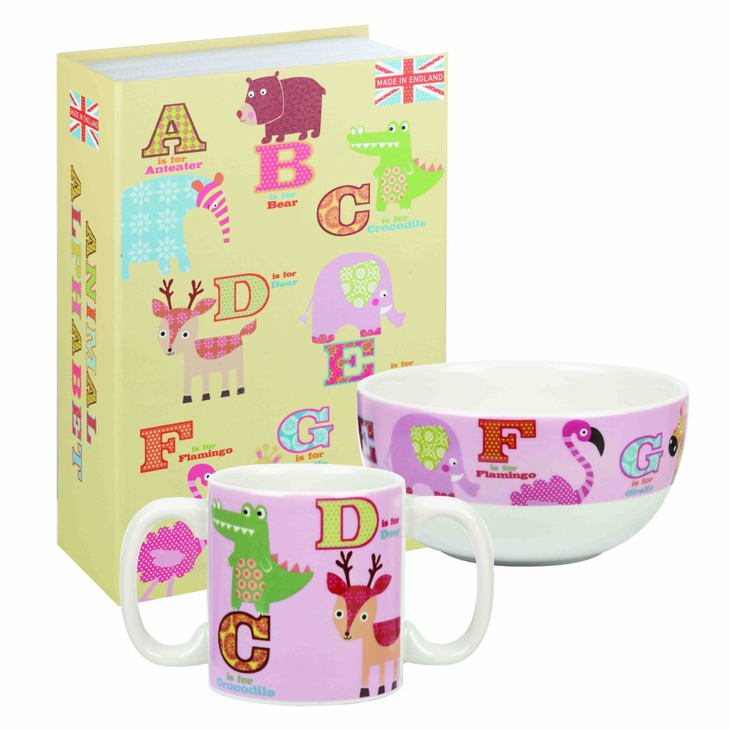 This set consists of a decorated pink earthenware bowl and a two handled mug - perfect for little hands