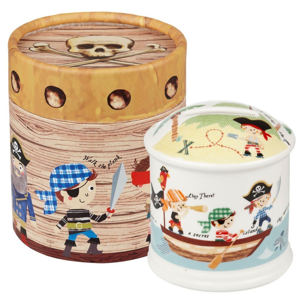 A beautiful Pirate money box decorated with pirates and boat from the Little Rhymes Collection.