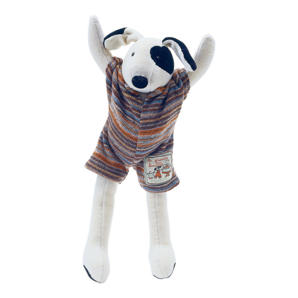 moulin roty baby child toy Julius dog has black and white plush body wearing stripy romper