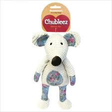 Rosewood Chubleez Maisie Mouse dog squeaky toy with blue and red flowery patch work tummy and legs and tag above