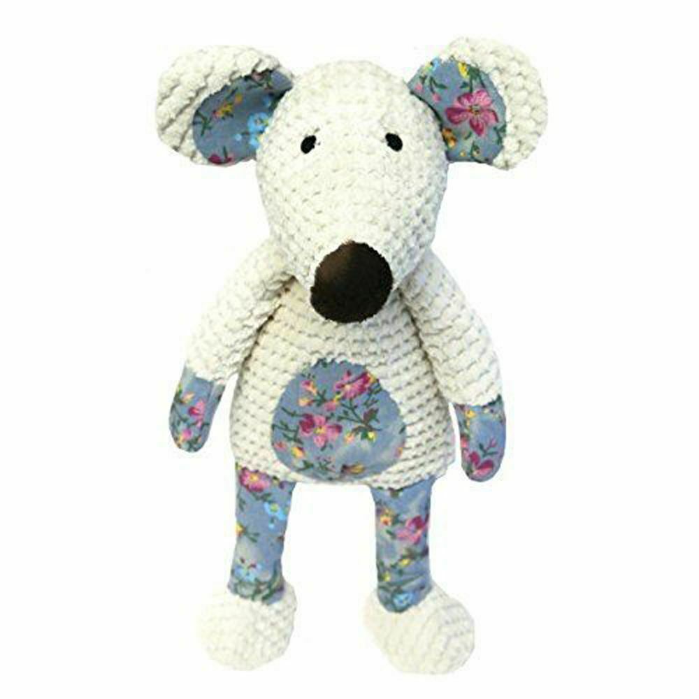 Rosewood Chubleez Maisie Mouse dog squeaky toy with blue and red flowery patch work tummy and legs