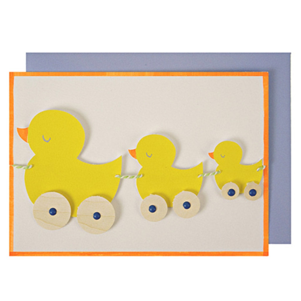 Meri meri congratulations greetings newborn baby card family of pull-along ducks with wooden wheels