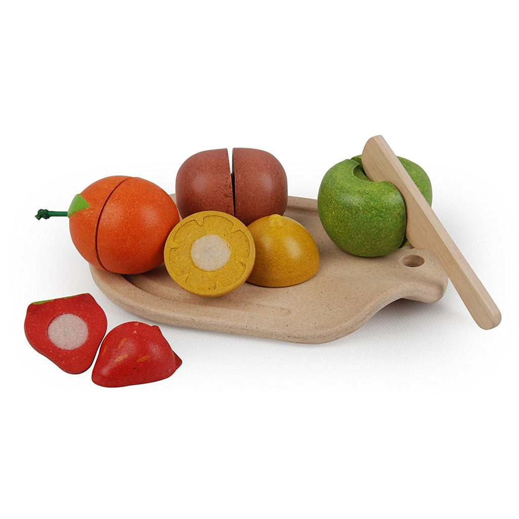 Plan Toy eco friendly assorted fruit set comprising of five toy wooden fruits ready to be "chopped" - fruity, delicious play food with wooden knife