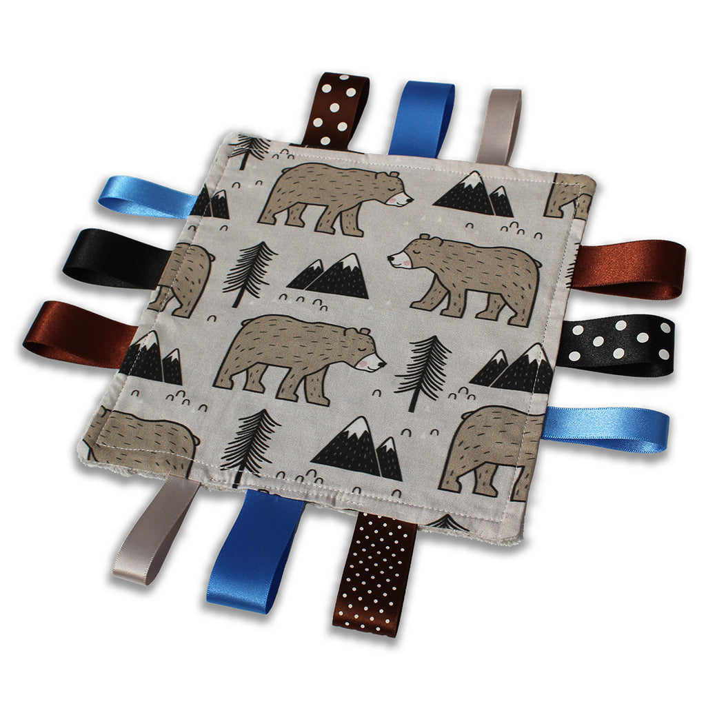 Hedgehog Gifts baby gift handmade mountain bear taggy comforter blanket with satin ribbons in blue brown grey
