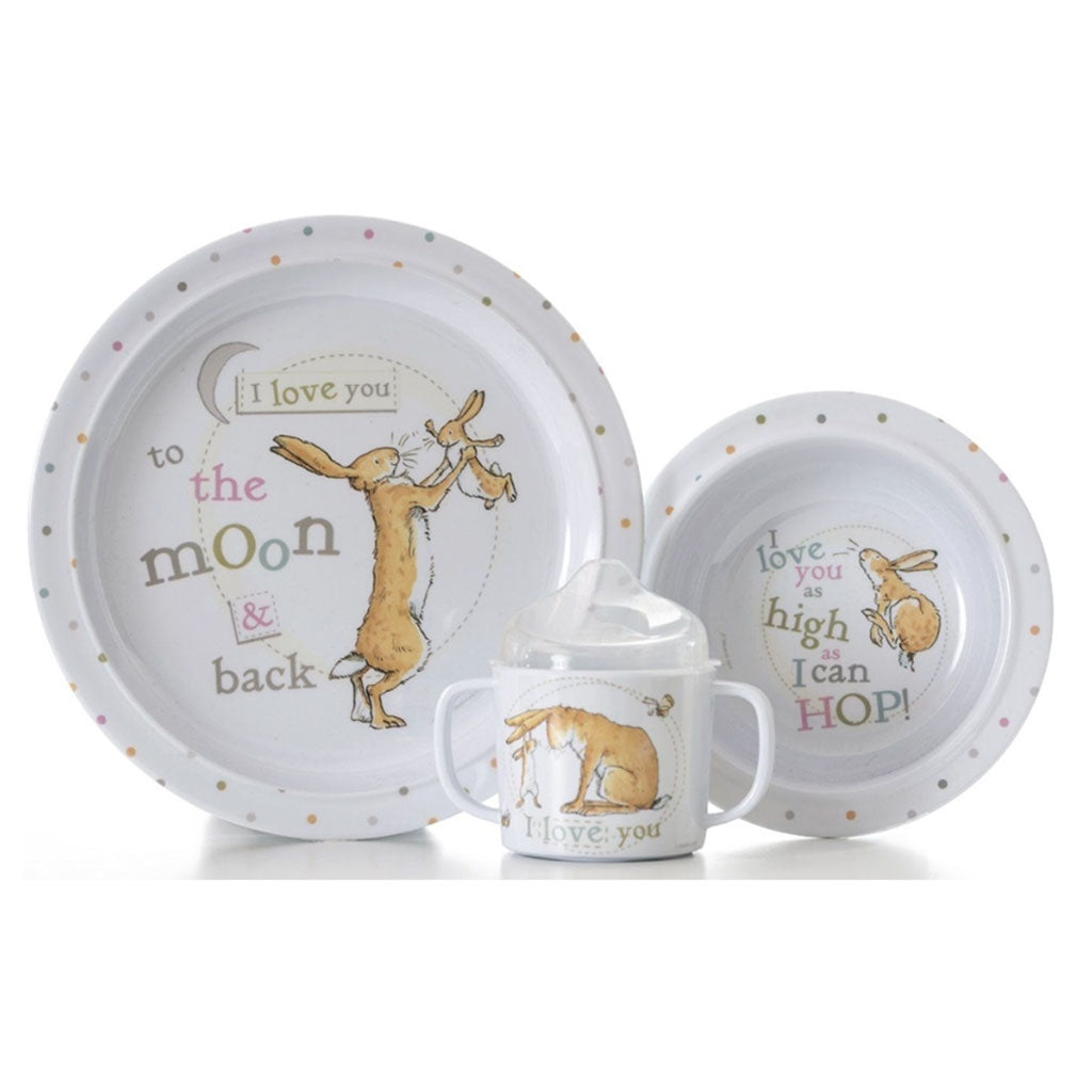 Outside of it box This beautiful Guess How Much I love You three piece breakfast set includes a plate, a bowl and a cup with a lid.