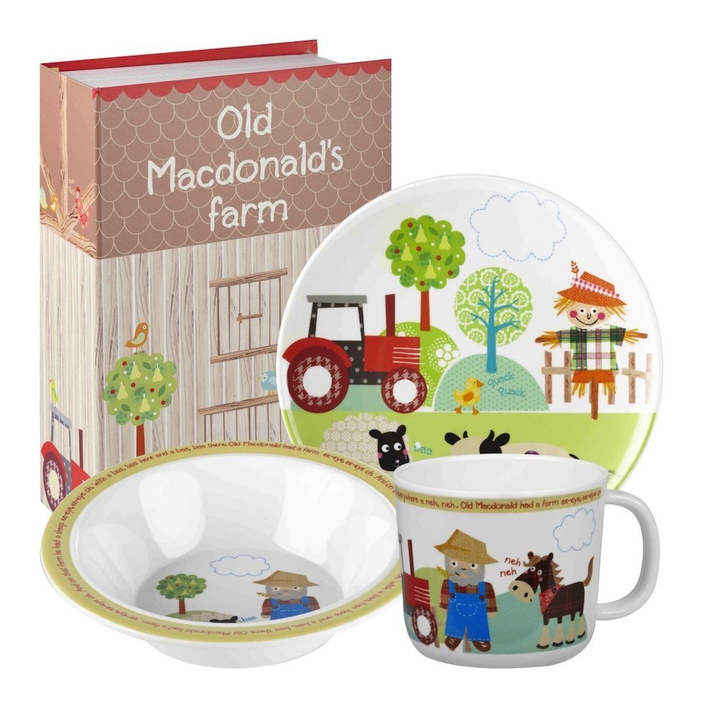 Little Rhymes Melamine Collection. Old MacDonald's farm 3 piece children's breakfast set consists of a bowl, plate and cup